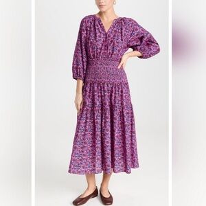 Apiece Apart Laureles Smocked Dress Palm Floral Fuchsia New Size Small